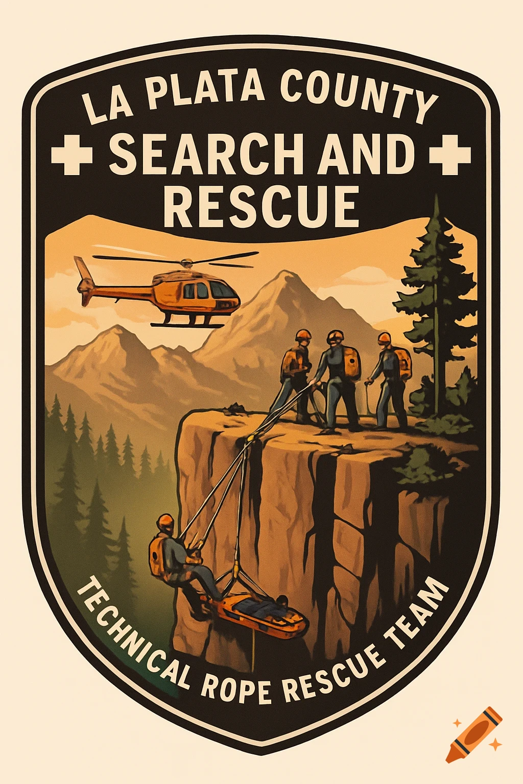 A vector art logo for La Plata County Search and Rescue, showing a helicopter, mountains, and a rope rescue team on a cliff.