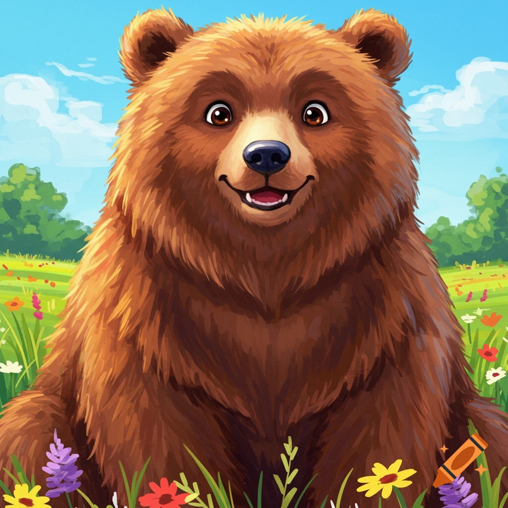 A friendly brown cartoon bear smiles in a vibrant field of colorful flowers under a bright blue sky.