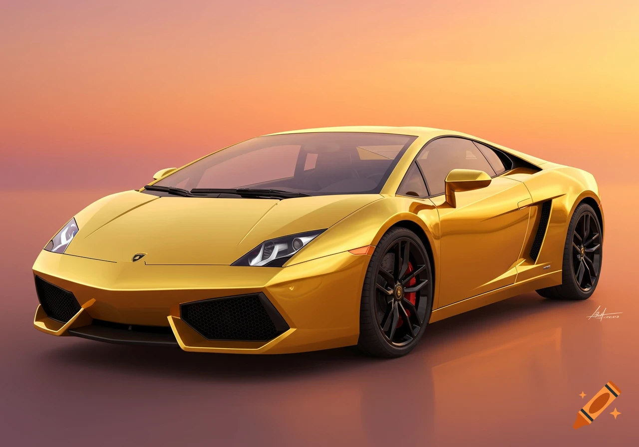 A shiny gold Lamborghini sports car against an orange and purple gradient background.