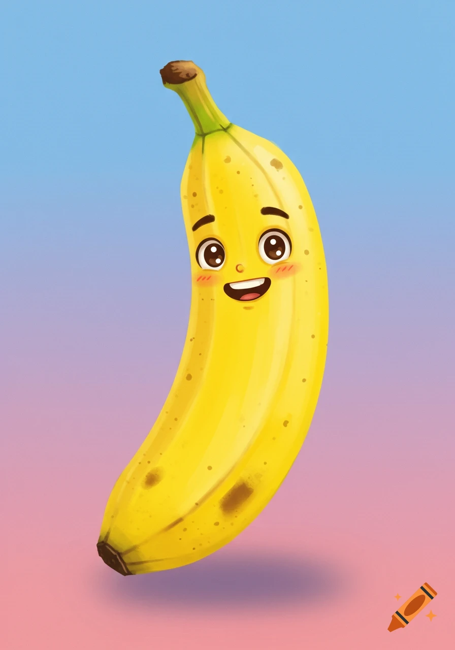 A happy cartoon banana with large eyes and rosy cheeks floats against a blue and pink gradient background.