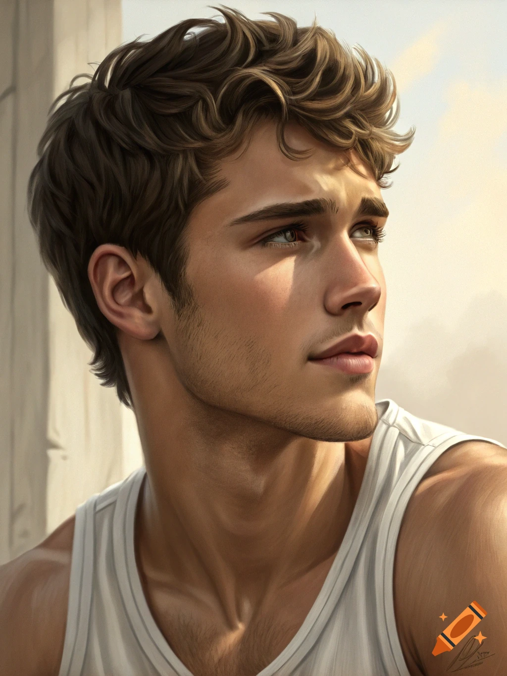Photorealistic portrait of a handsome young man with curly brown hair, wearing a white tank top, looking upwards into sunlight.