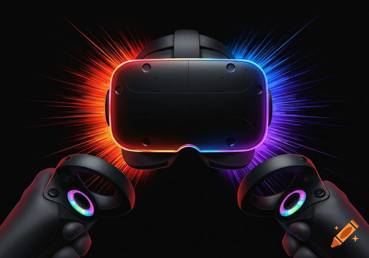 A black VR headset with a vibrant rainbow light outline and two controllers with glowing colorful rings on a dark background.
