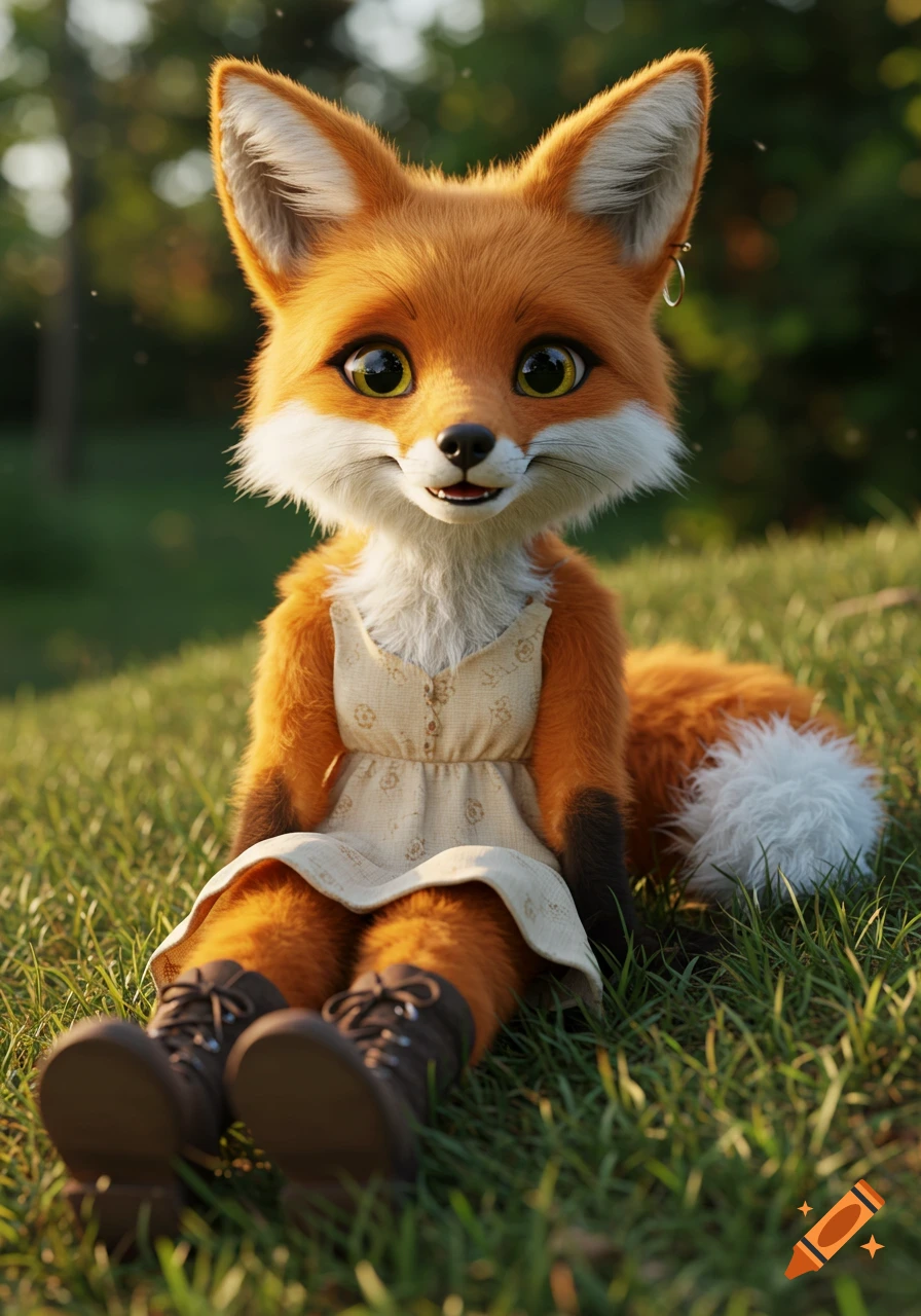 A cute, photorealistic anthropomorphic fox in a beige dress sitting in a grassy field.