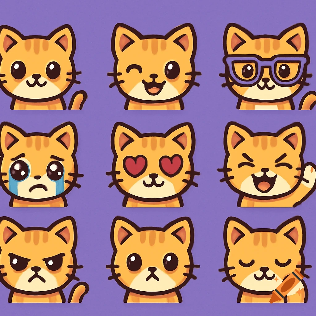 A grid of nine orange cartoon cat faces displaying various emotions like happy, winking, sad, in love, angry, and curious on a purple background.