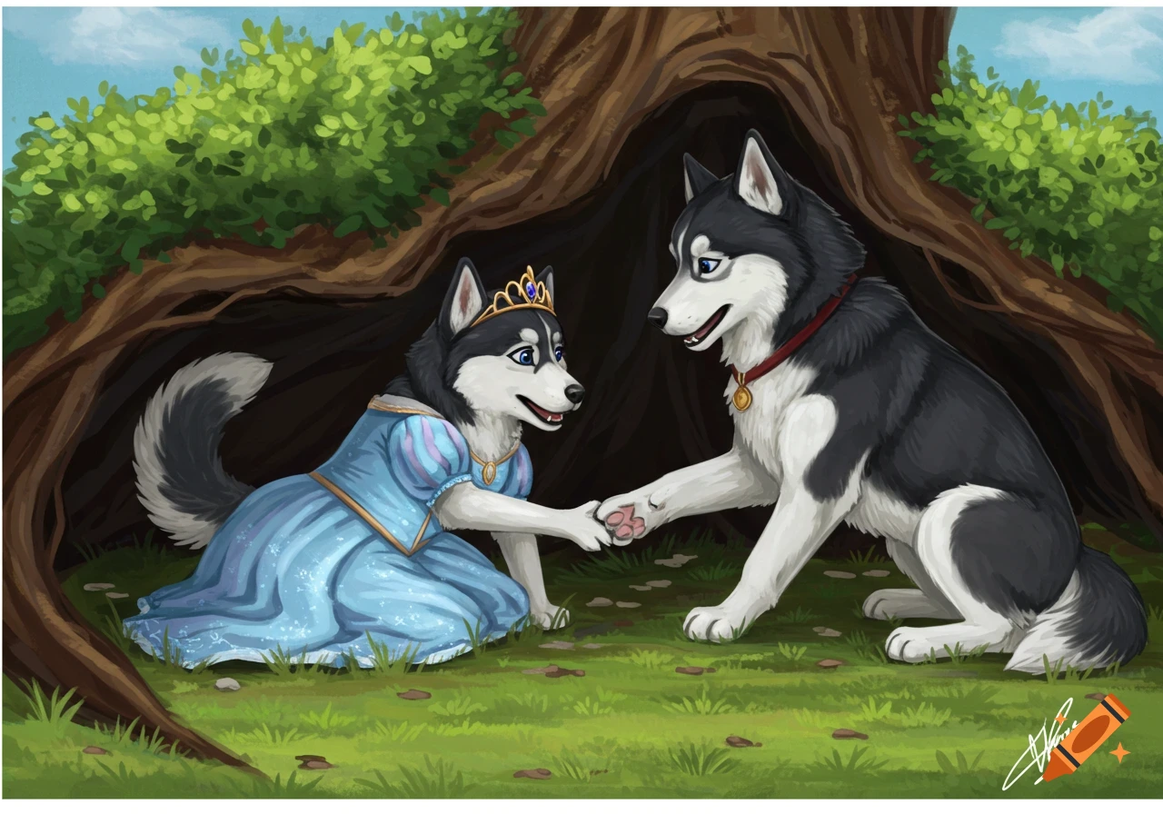 A husky in a light blue princess dress shakes paws with another husky under a large tree.