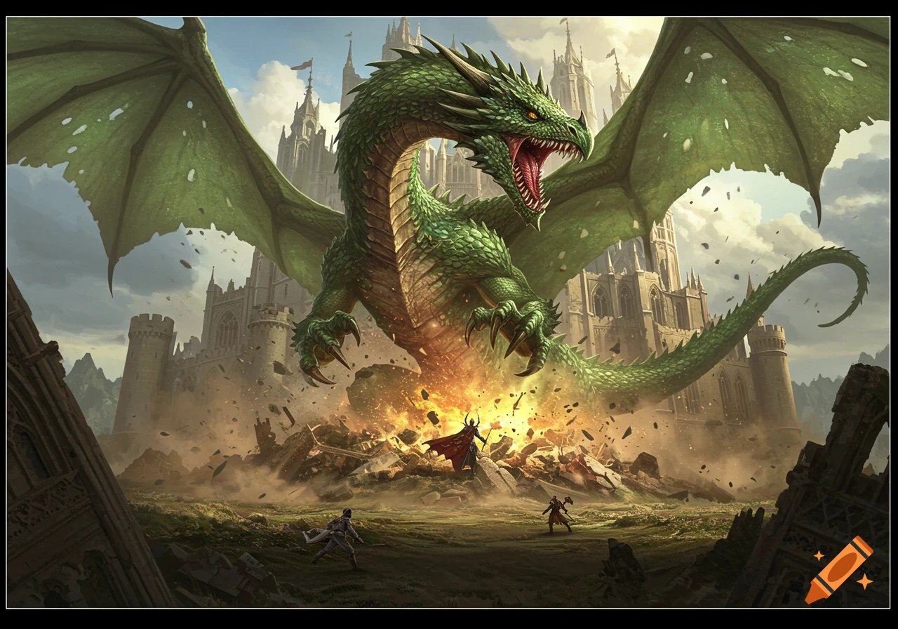 A large green dragon attacks a castle, causing an explosion and sending debris flying as people flee in a fantasy setting.