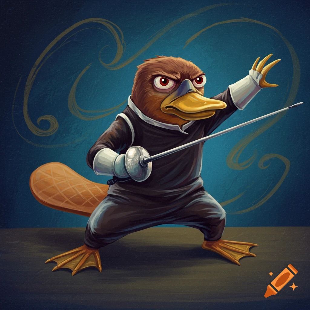 A cartoon platypus character, resembling Perry the Platypus, wears a black uniform and white gloves while holding a fencing foil in an en garde pose.