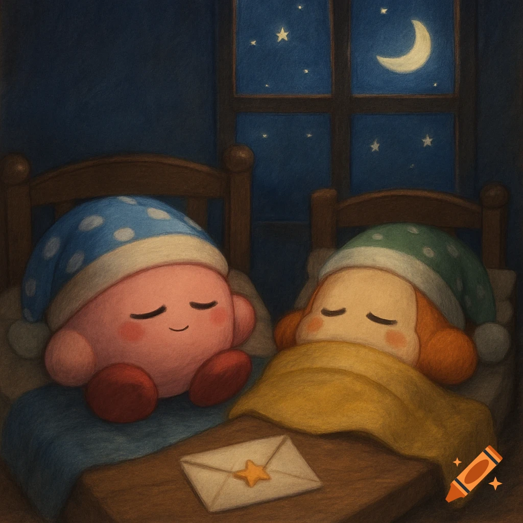 Kirby and Waddle Dee asleep in beds at night, with a crescent moon visible through the window and a letter on the nightstand.