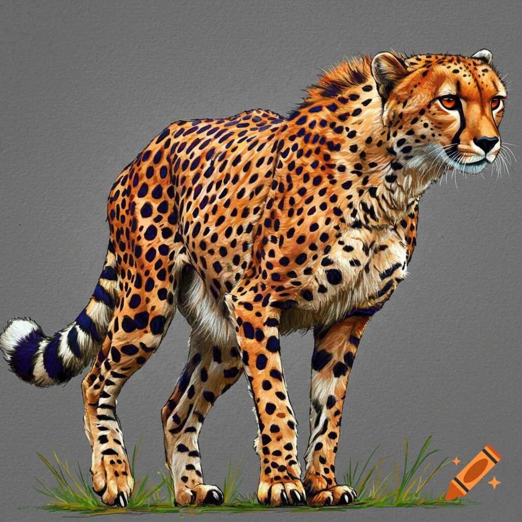 A cheetah with abstract orange and black spots, and blue highlights, stands on green grass against a gray background in a realistic art style.