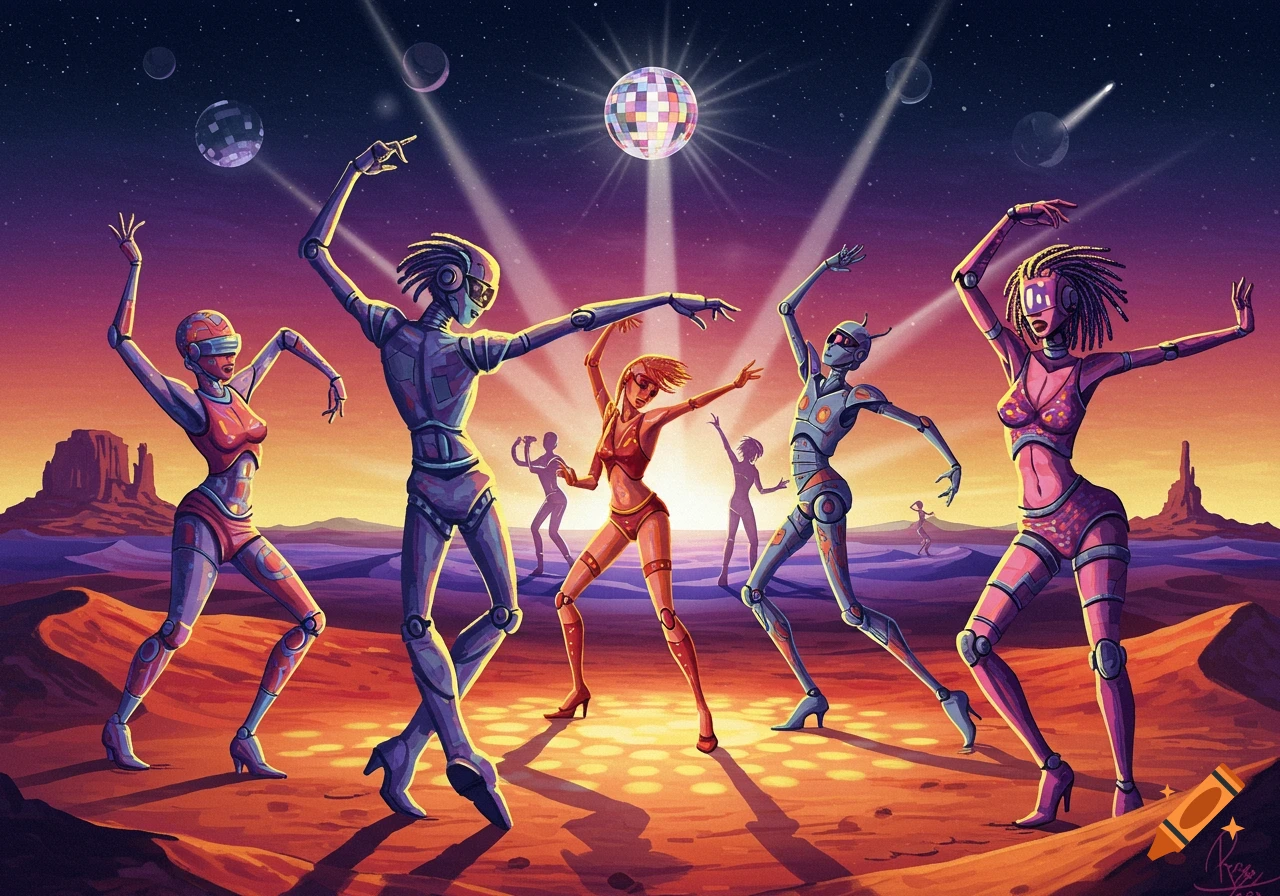 Vibrant pop art illustration of robotic figures and humanoids dancing at a desert rave under disco balls and a starry sky.