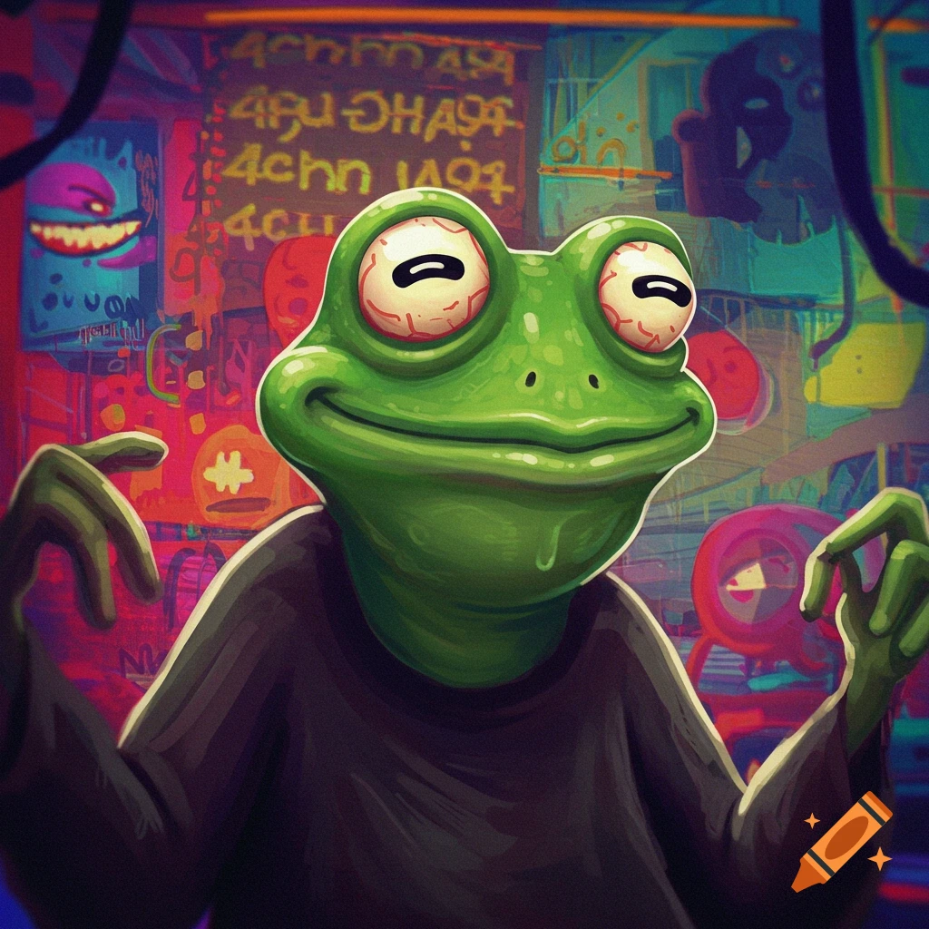 A cartoon frog with bloodshot eyes and a subtle smile, wearing a dark shirt, stands in front of a colorful, neon-lit background with graffiti-like elements and abstract shapes.