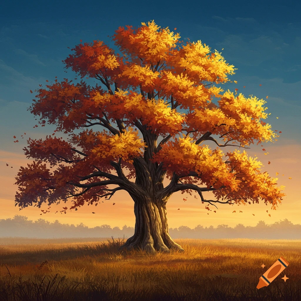 A vibrant autumn tree stands in a golden field under a blue and orange sky.
