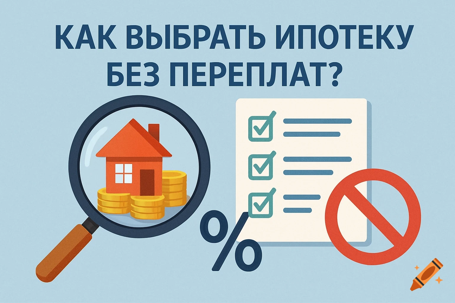An illustration for choosing a mortgage without overpayments, featuring a house under a magnifying glass, money, a checklist, and a percentage sign.