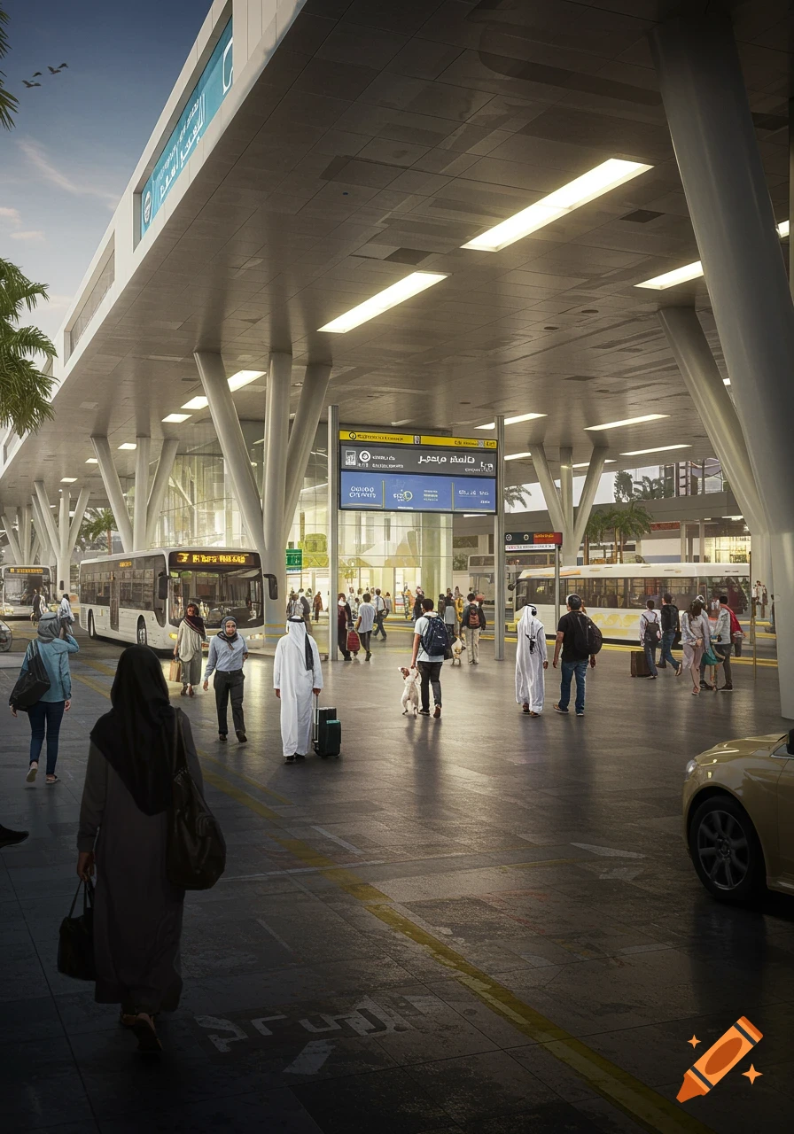 A large, modern bus station with people walking, buses, and a car under a high ceiling with bright lights.