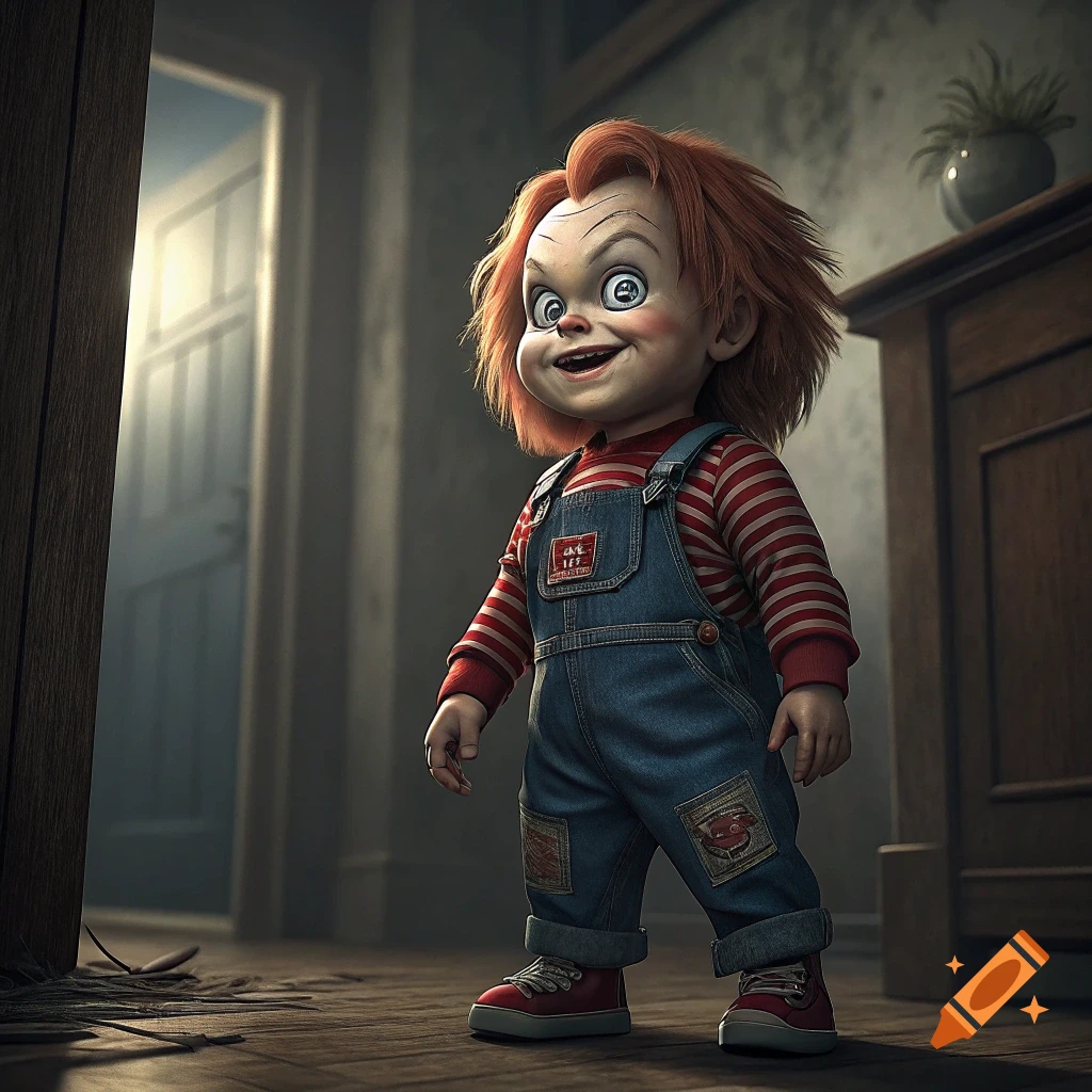 A photorealistic depiction of Chucky the doll with red hair, striped shirt, and denim overalls, standing with a menacing smile in a dimly lit room.