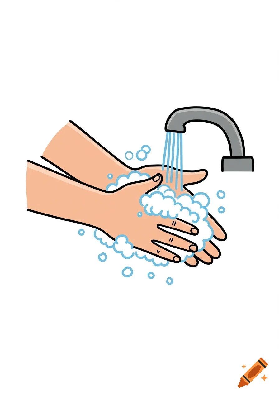 Clip art illustration of two hands being washed under a running faucet with soap bubbles.