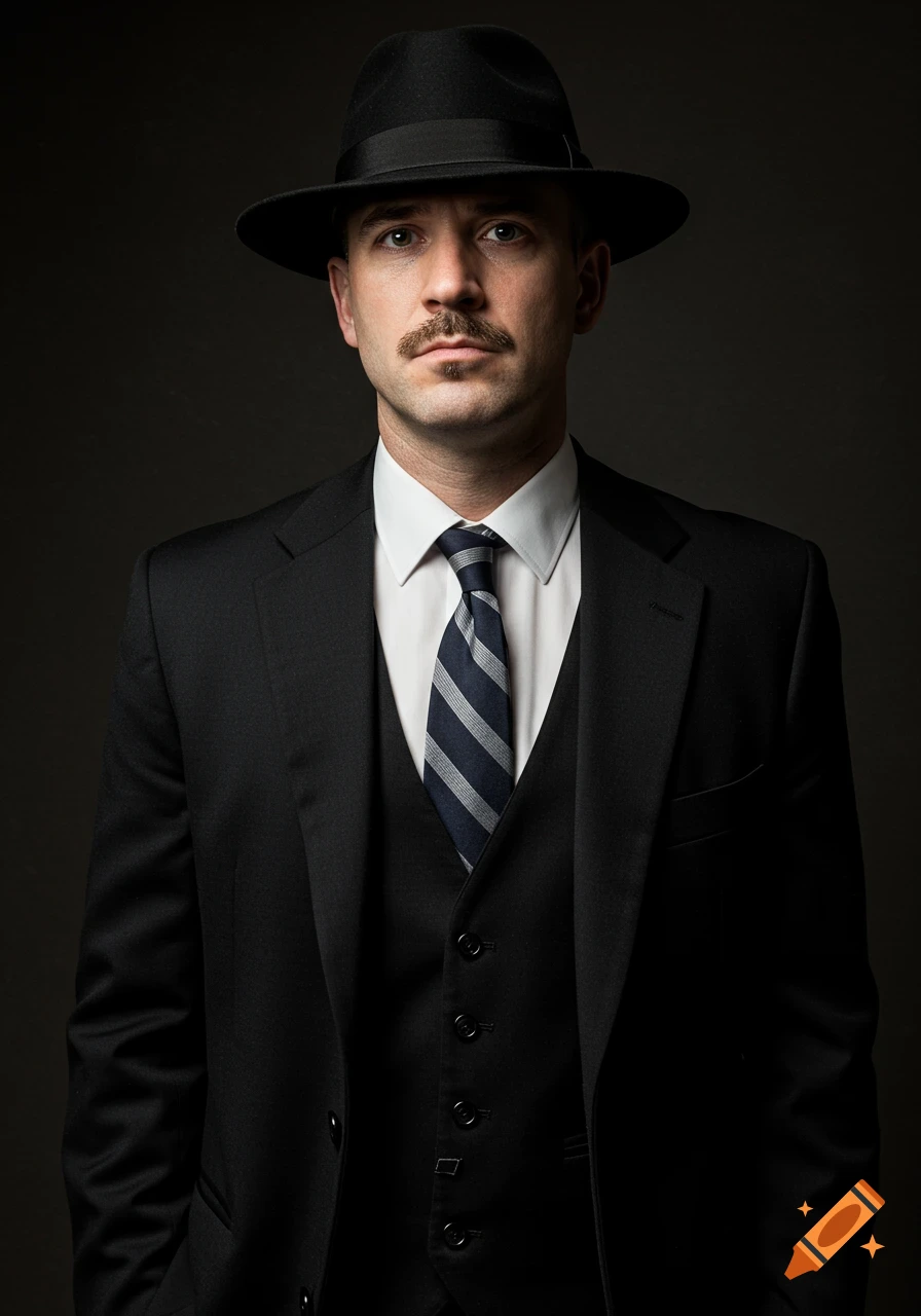 A photorealistic portrait of a man in a black suit and fedora with a ...