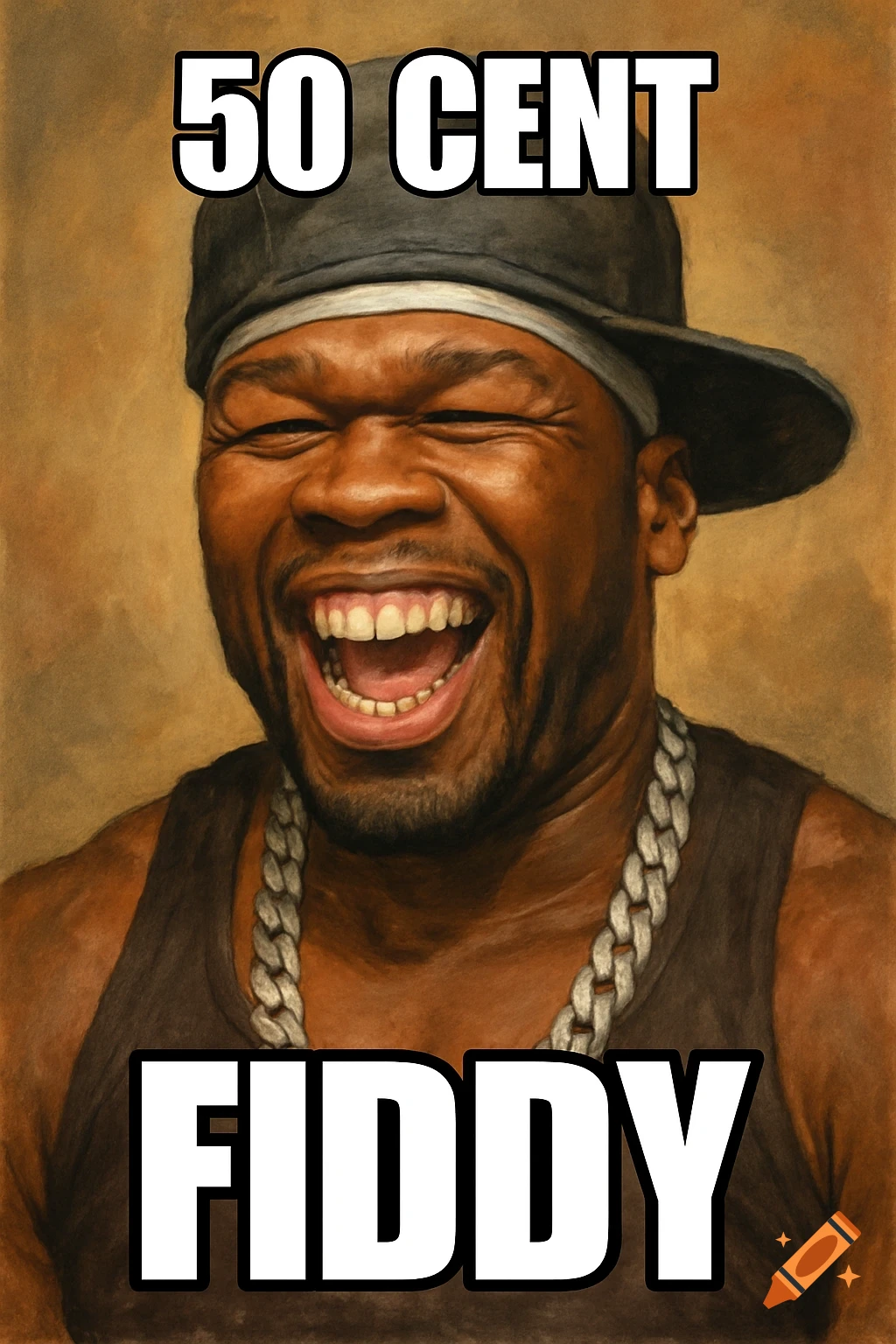 A digital painting of rapper 50 Cent laughing, with "50 CENT" at the top and "FIDDY" at the bottom.