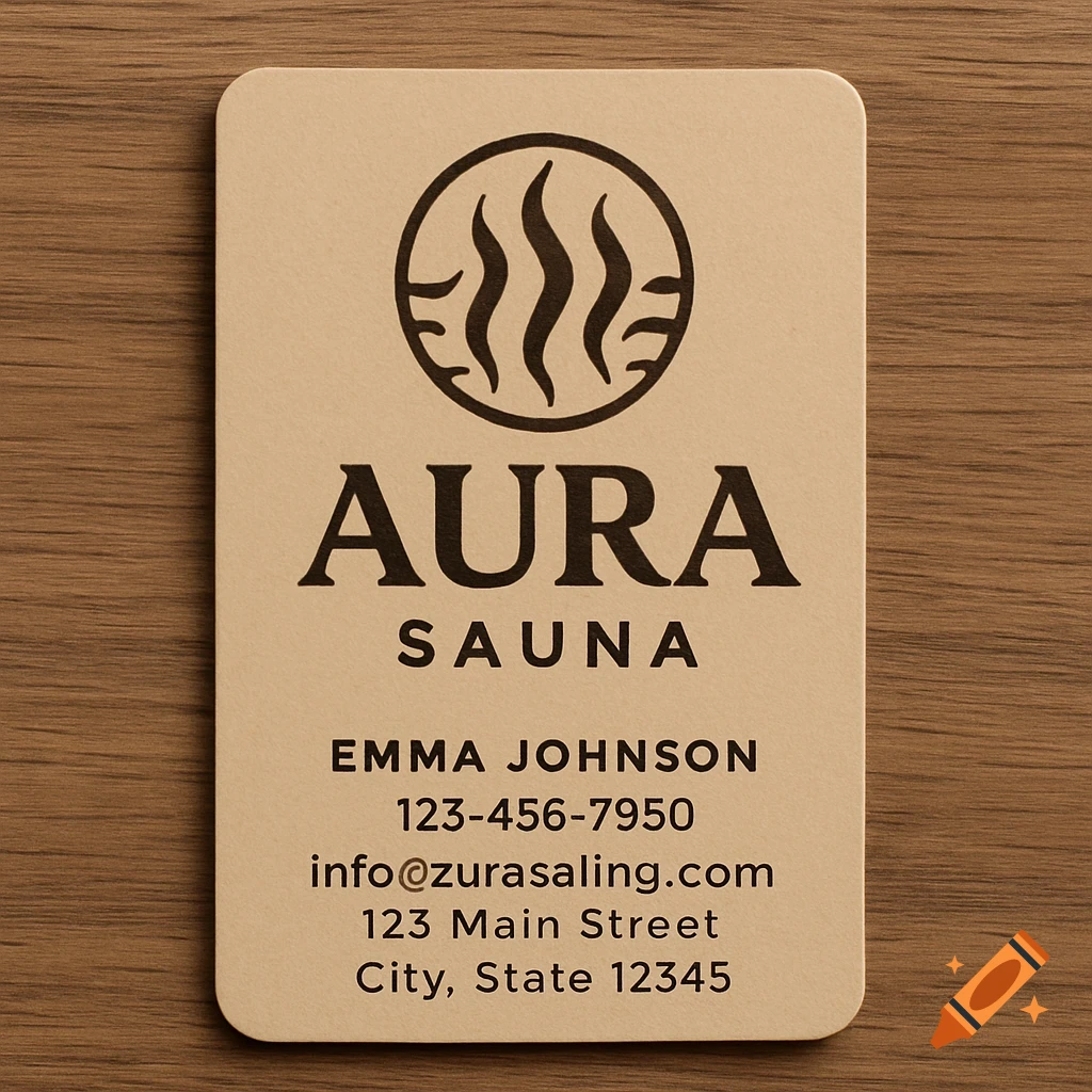 A beige business card for Aura Sauna with a wave logo, Emma Johnson's contact information, phone, email, and address, on a wooden background.