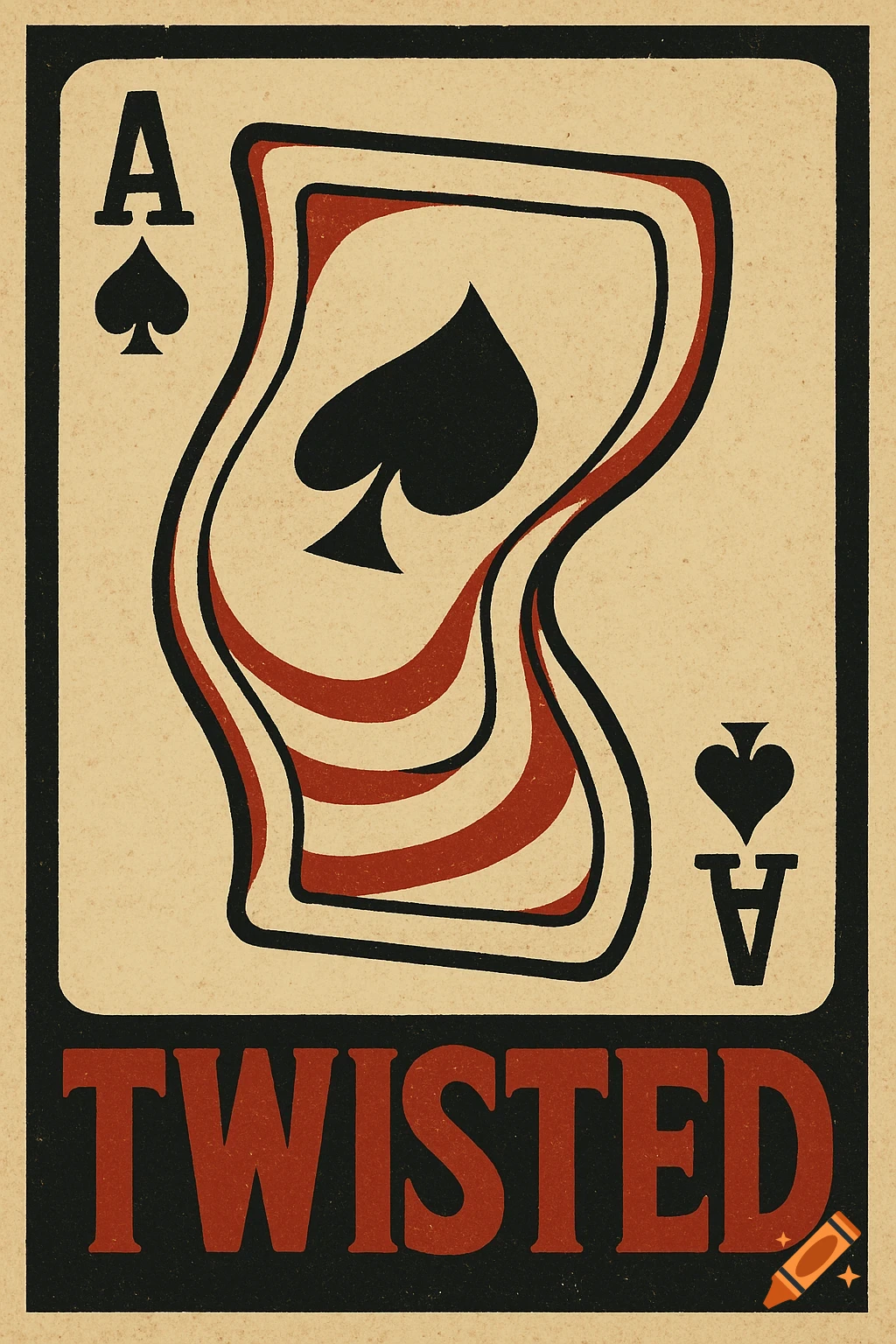 A vintage-style poster depicting a distorted Ace of Spades playing card with the word 'TWISTED' at the bottom.