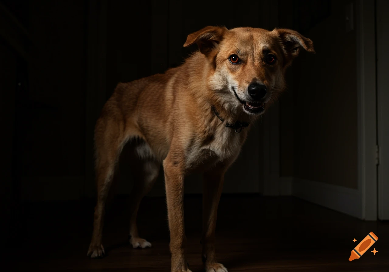 A thin, unkempt brown dog with glowing red eyes stands in a dark room, staring intensely at the camera.