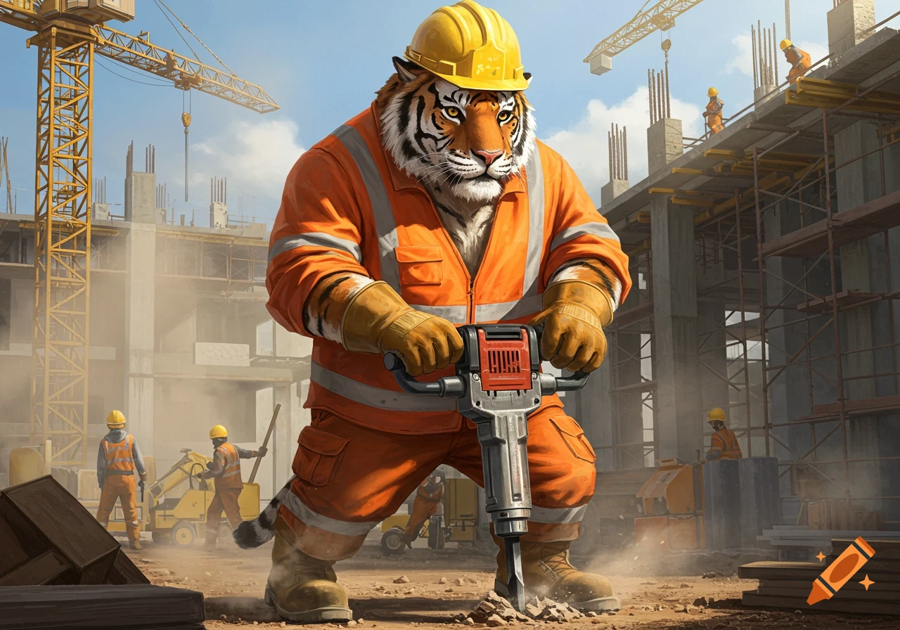 A realistic image of an anthropomorphic tiger in an orange construction uniform and yellow hard hat operating a jackhammer on a dusty construction site.