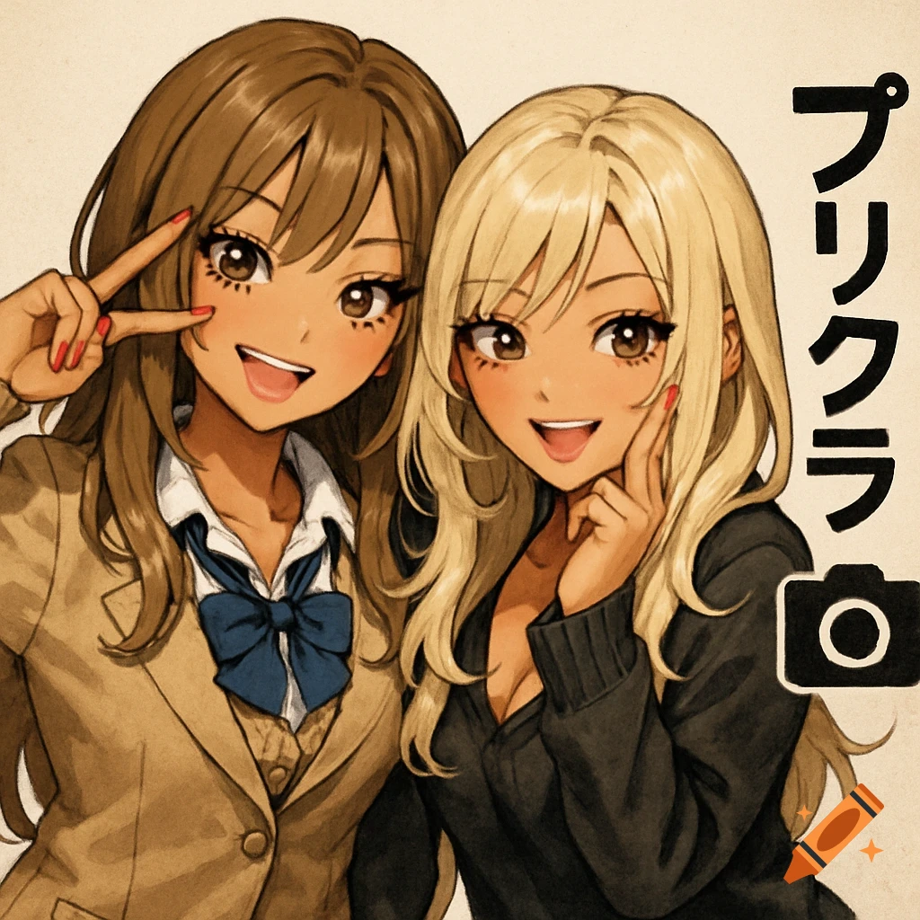 Two smiling anime gyaru girls, one in a school uniform and one in a black top, posing with a Japanese photo booth logo.