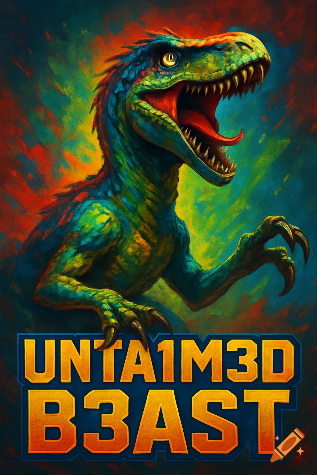 A vibrant, colorful Velociraptor with an open mouth and claws, painted against a dynamic background, with 'UNTA1M3D B3A5T' text.