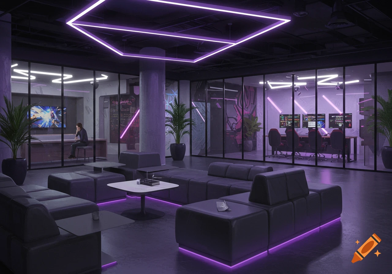 A modern common area in a tech building with purple neon lights, modular seating, glass partitions, and a gaming setup.