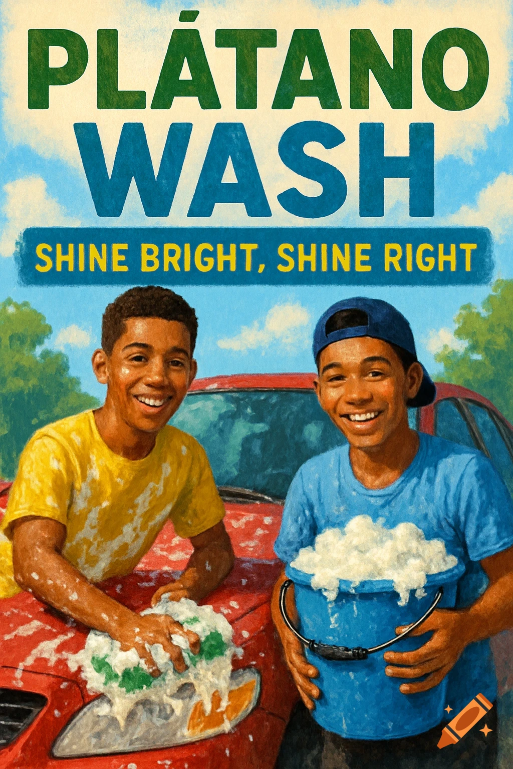 Two smiling teenage boys wash a red car under text 'PLÁTANO WASH SHINE BRIGHT, SHINE RIGHT' in a textured painting style.