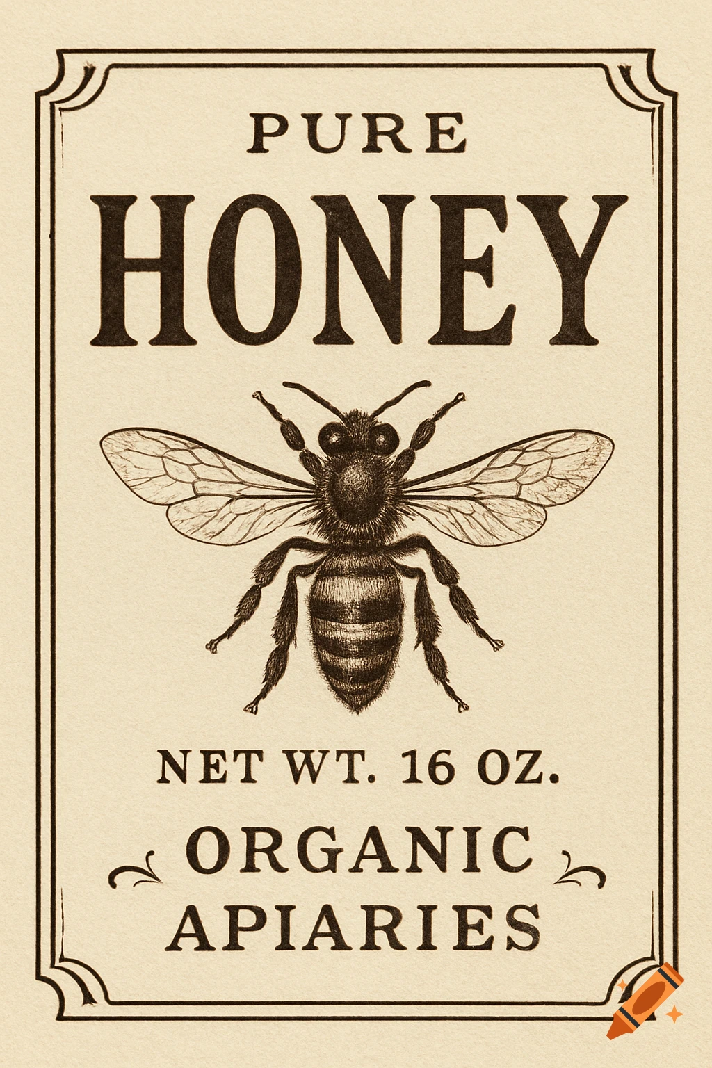 A vintage-style honey label with an illustrated bee, 'Pure Honey' text, and decorative border on a cream background.