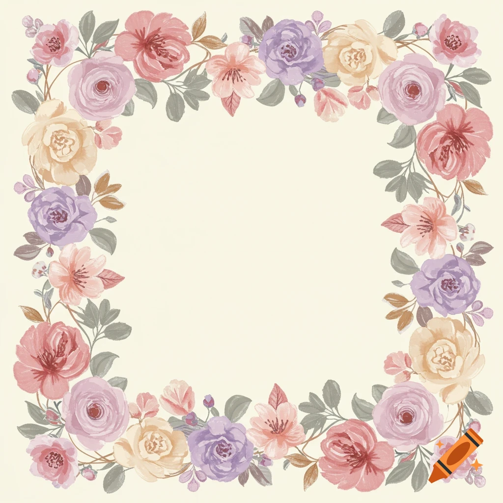 A decorative border of pastel pink, lavender, and yellow watercolor flowers and leaves on a light cream background.