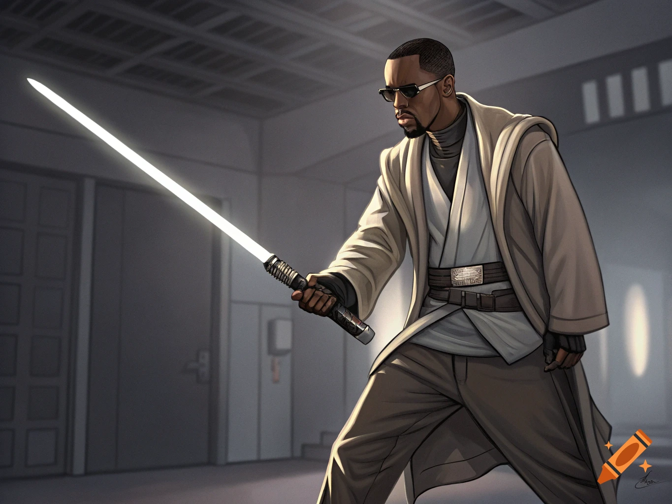 Illustration of a man resembling P. Diddy in Jedi robes and sunglasses, holding a white lightsaber in a futuristic room.