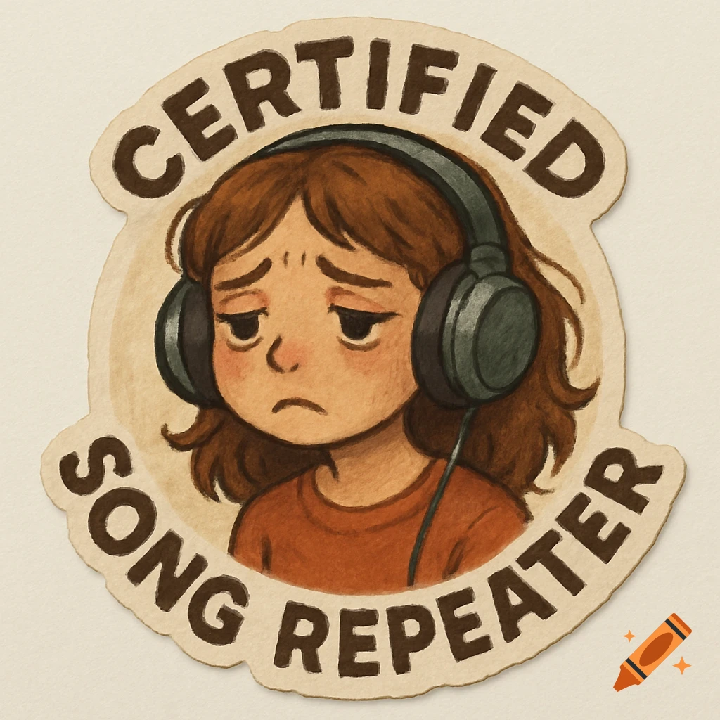 Sticker illustration of a sad girl wearing headphones with 'CERTIFIED SONG REPEATER' text.