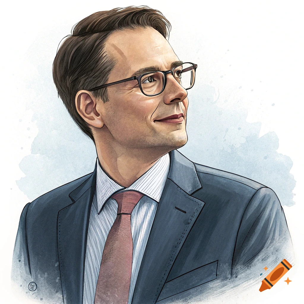 Watercolor illustration of a smiling man with brown hair and glasses, wearing a blue suit and pink tie, looking to the right.