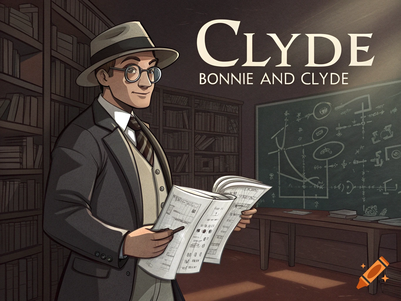 An illustrated man resembling Clyde from Bonnie and Clyde, wearing a suit and hat, holding papers in a library with a blackboard.
