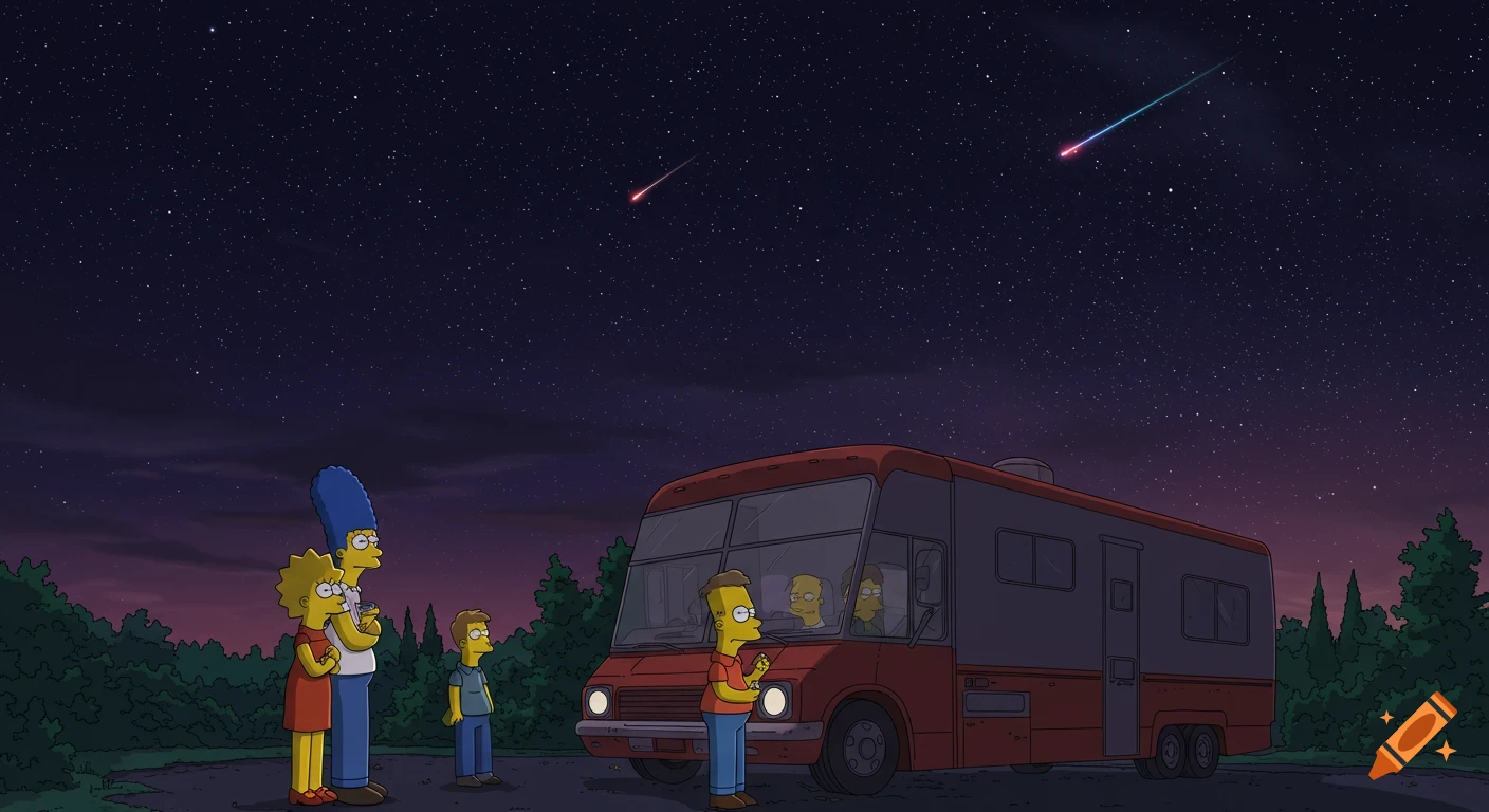 The Simpson family watches shooting stars in the night sky next to their RV in a cartoon style.