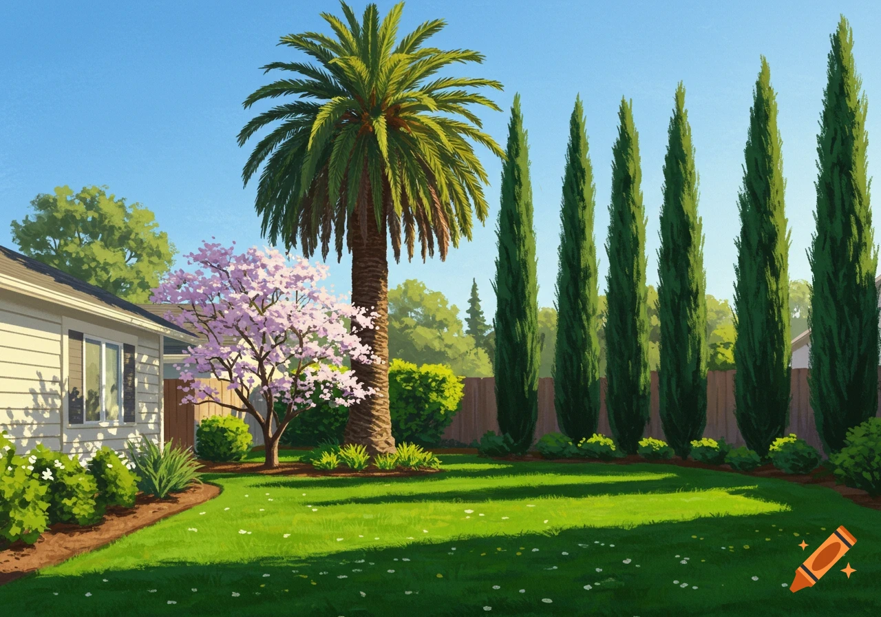 A vibrant illustration of a suburban front yard with a house, palm tree, pink flowering tree, and tall cypress trees on a sunny day.
