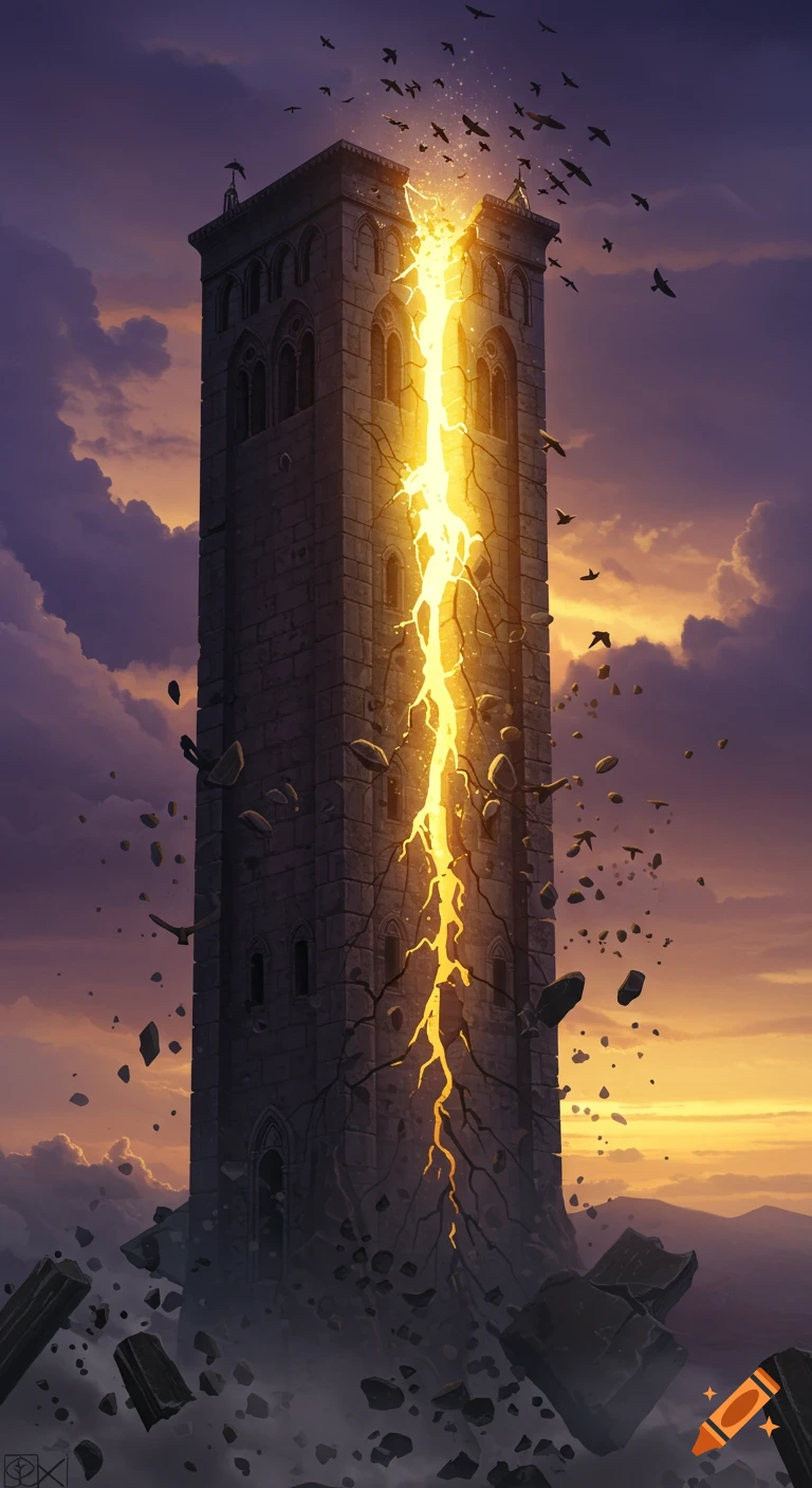 A tall stone tower cracks, glowing golden light seeps out as birds fly from it, debris floats under a dramatic purple sunset.