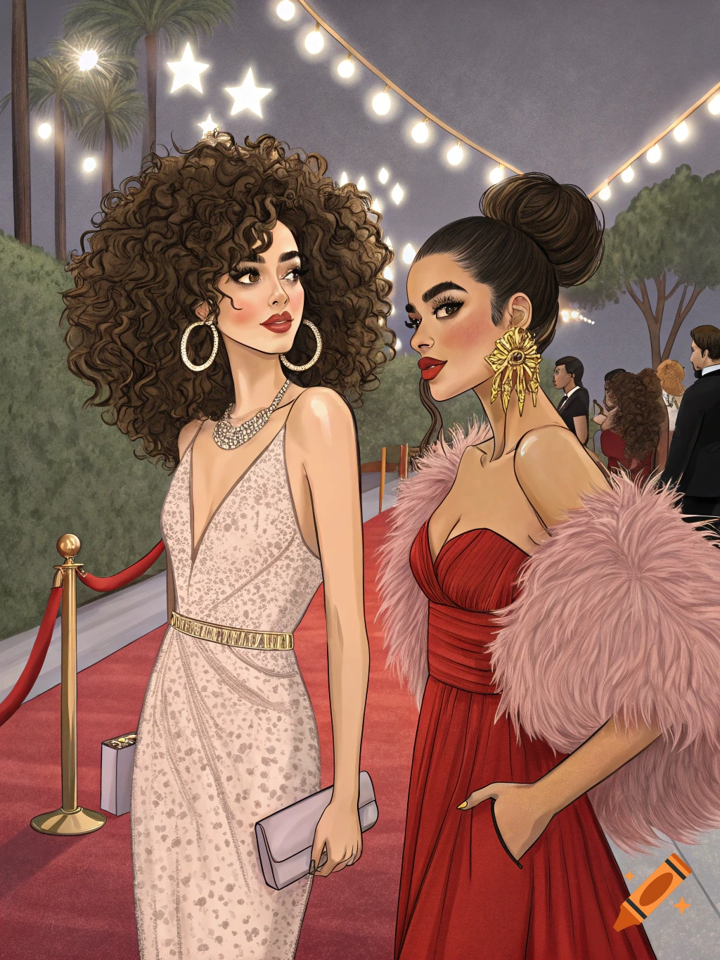Two glamorous women in elegant dresses, one with curly hair and a white gown, the other in a red dress with a pink fur shawl, on a red carpet.