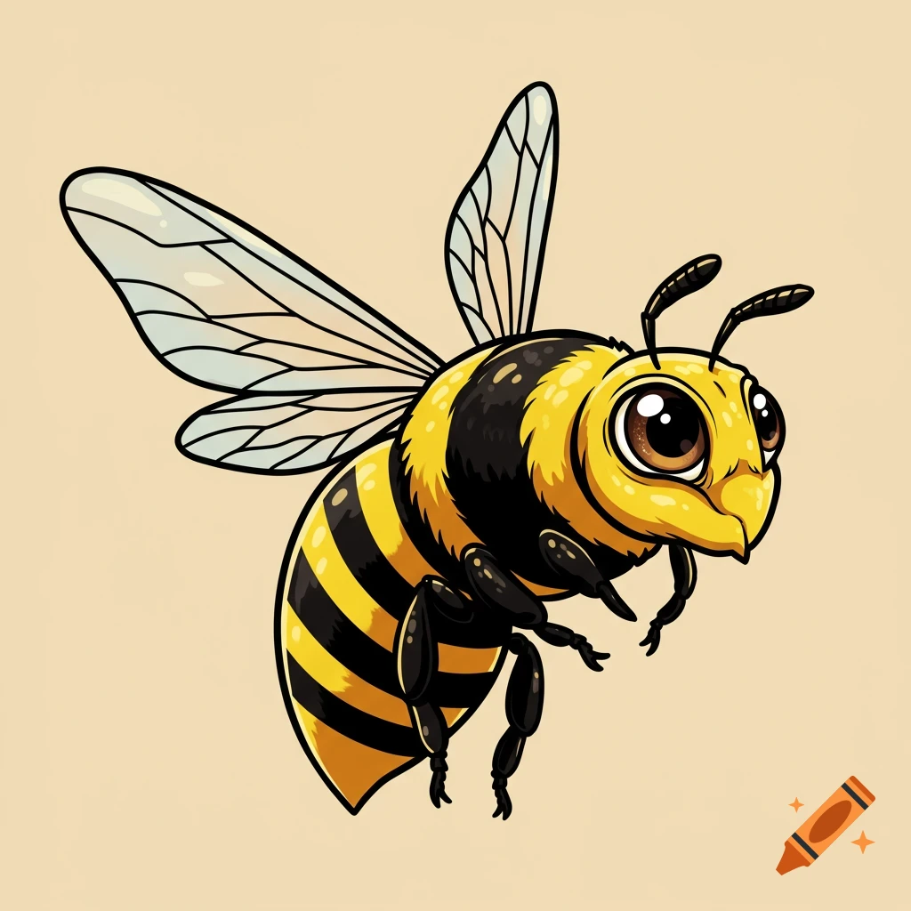 A cartoon bee with large eyes, black and yellow stripes, and transparent wings, depicted against a plain, light background.