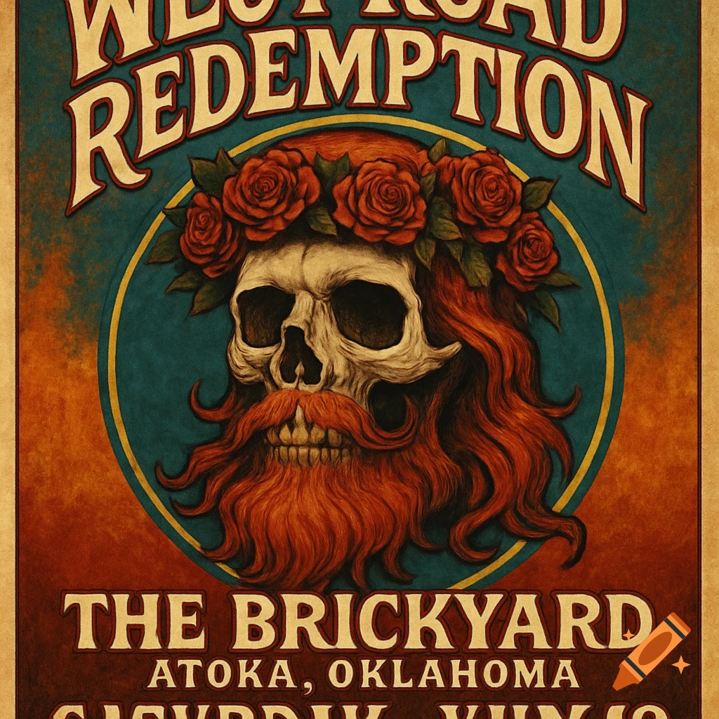 A vintage-style concert poster features a skull with a long red beard and a crown of red roses, advertising "West Road Redemption" at "The Brickyard" in "Atoka, Oklahoma" for "Saturday July 12".