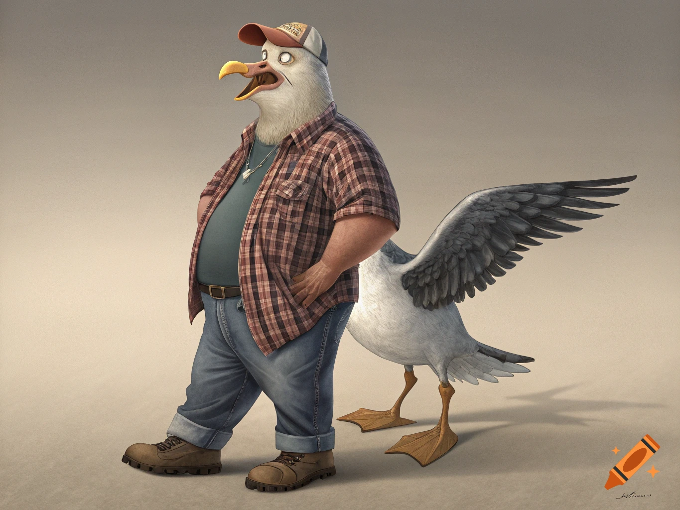 A stylized anthropomorphic seagull man wearing a plaid shirt, jeans, boots, and a baseball cap, with a seagull's body behind him.