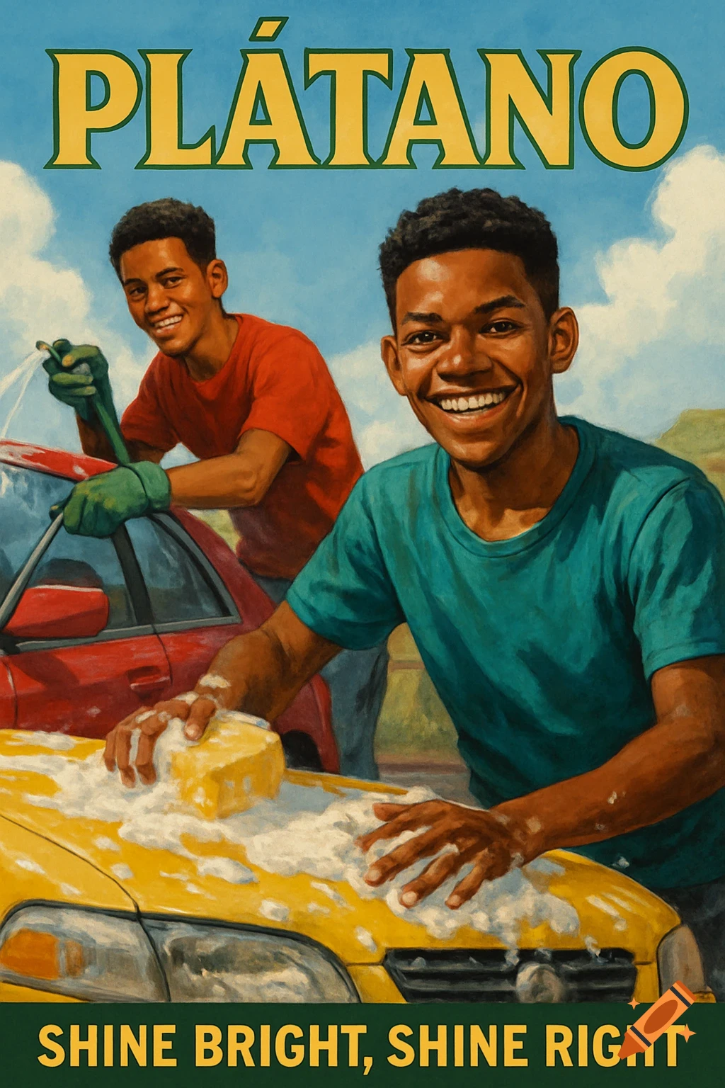 A retro-style illustration of two smiling young Black men washing cars outdoors under a blue sky, with the text "PLATANO" at the top and "SHINE BRIGHT, SHINE RIGHT" at the bottom.