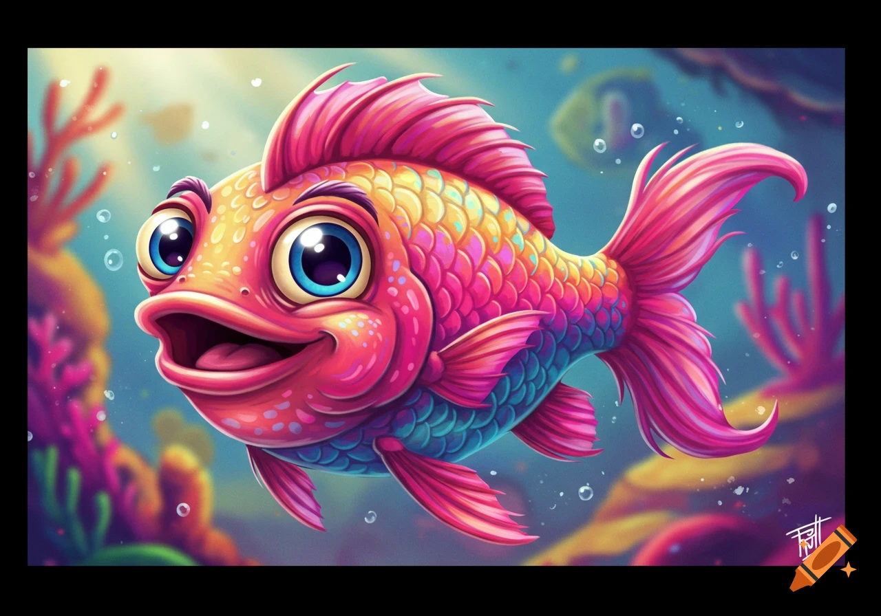 A vibrant, cartoonish pink and orange fish with large blue eyes smiles underwater among coral.