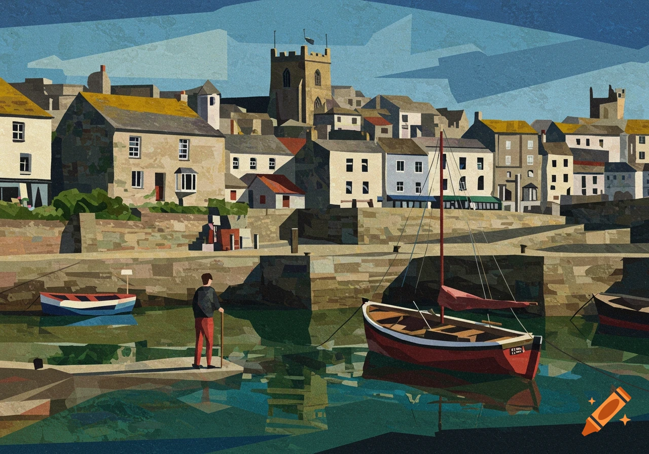 Stylized geometric painting of a harbor town with boats docked and a person standing on the pier.