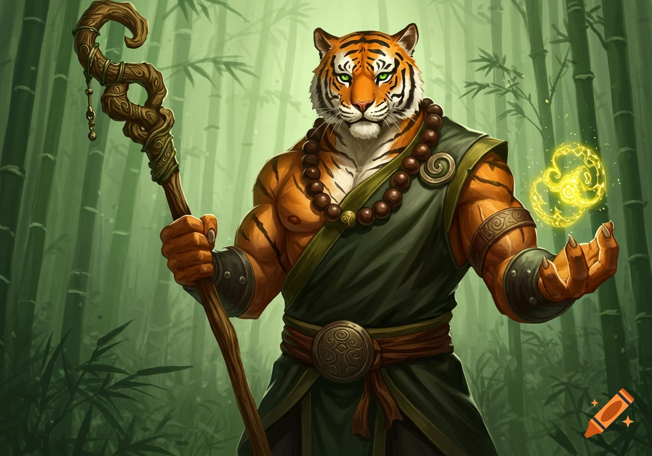 A muscular male tiger monk with green eyes, wearing green robes and prayer beads, holds a magical staff and glowing orb in a bamboo forest.