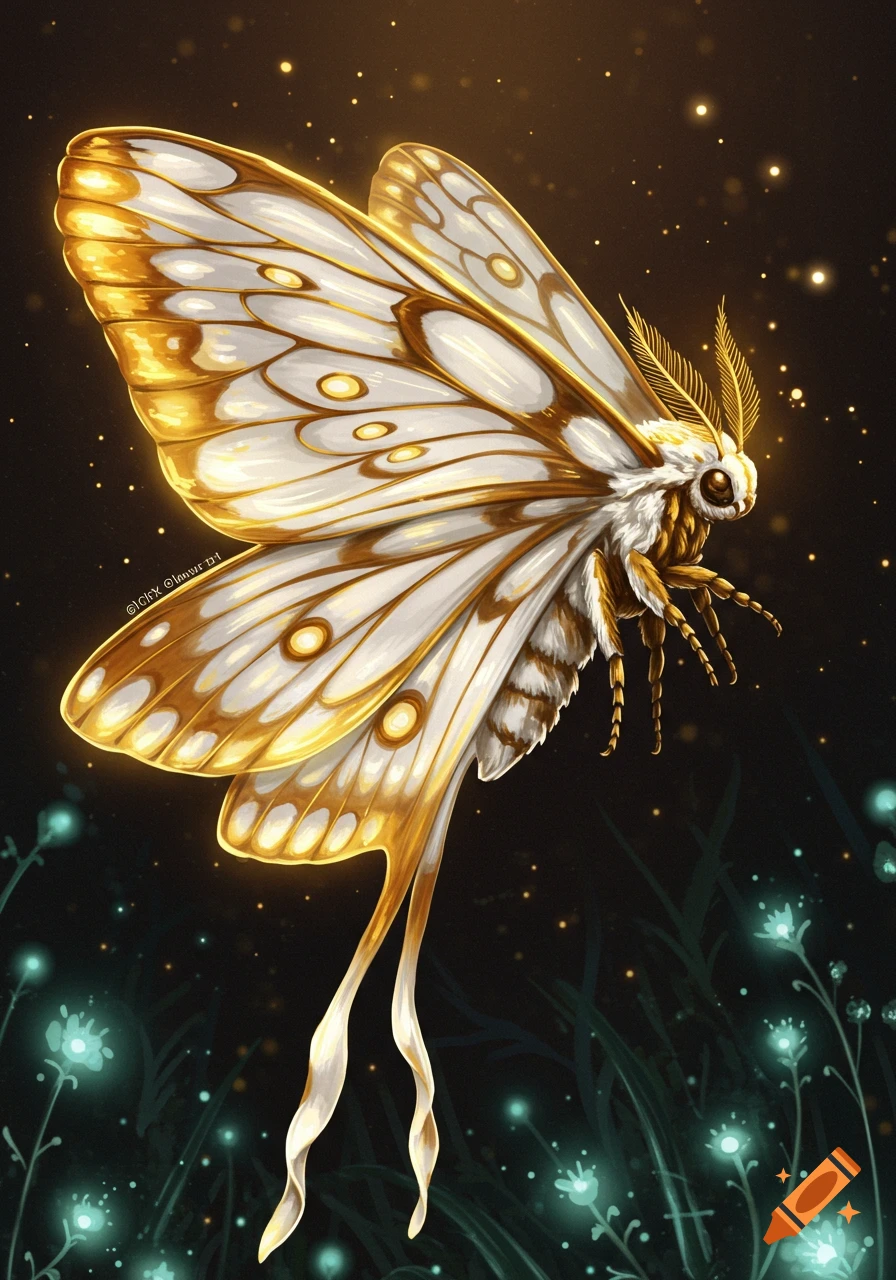 A mystical golden and white moth with glowing wings flies over luminous teal plants in a dark, starry environment. Digital art.
