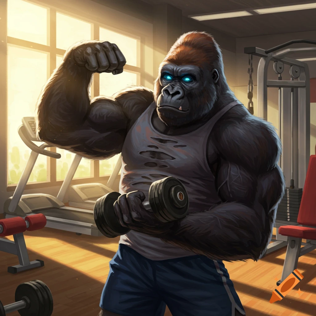 A muscular gorilla in a ripped tank top and shorts flexes in a gym, holding a dumbbell, with glowing blue eyes.