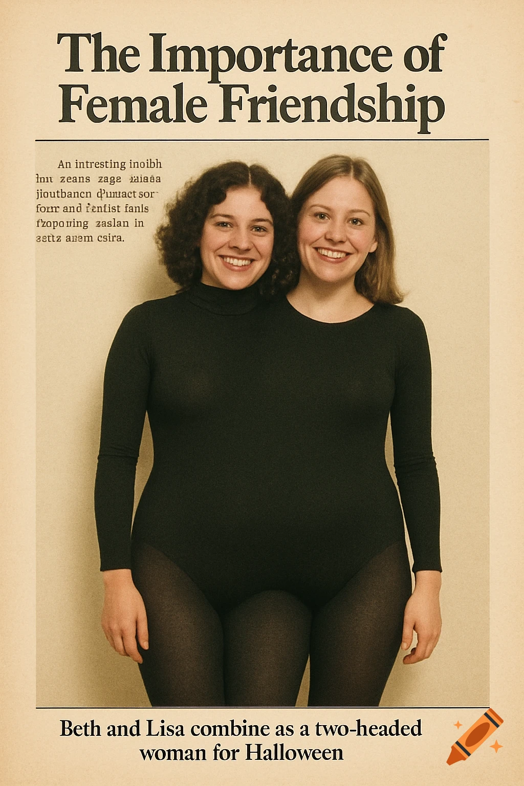 A vintage magazine cover showing two young women in a black two-headed Halloween costume, smiling. Headline reads 'The Importance of Female Friendship.'